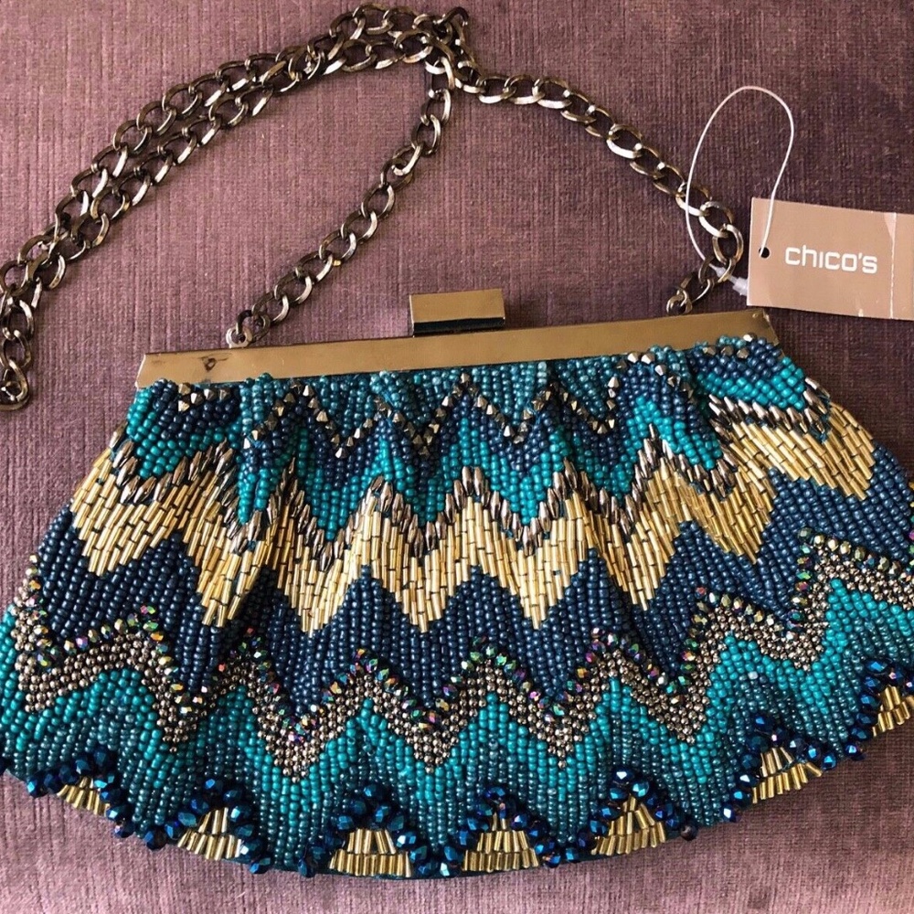 Chicos NWT Teal Blue Beaded Clutch Purse
